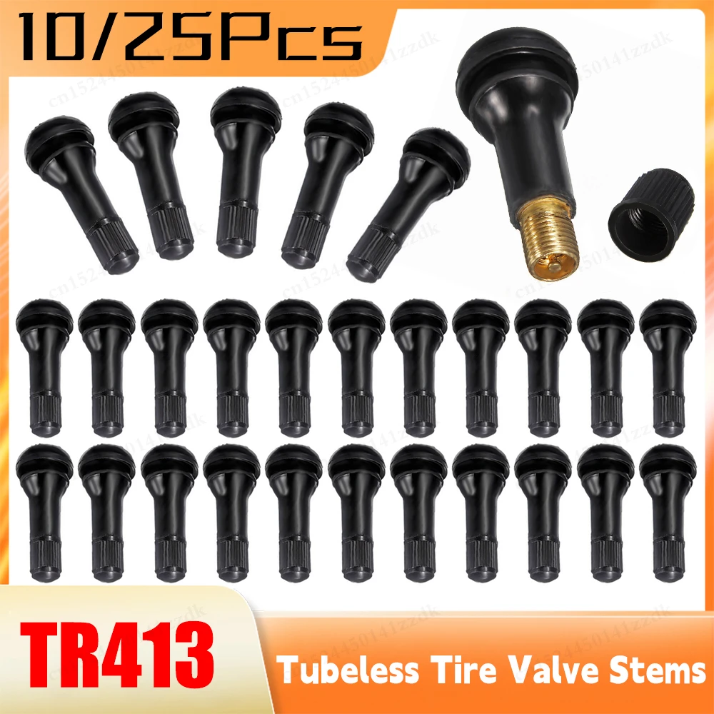 10/25Pcs TR413 Black Rubber Tire Valve Stems Tire Valve Cap Wheel Parts Replacement With Dust Cap For Car Motorcycle Bmw