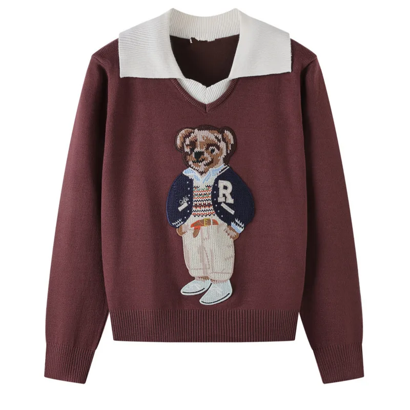 سترة محبوكة مطرزة على شكل دب فرنسي فاخر خفيف للنساء للخريف موضة جديدة كورية بلوفر فضفاض غير رسمي #5