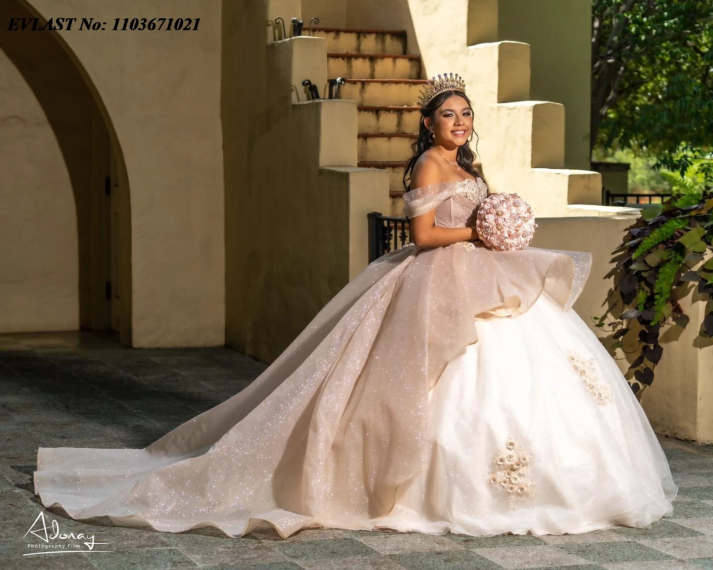 EVLAST-vestido mexicano rosa quinceanera blush, vestido de baile, apliques brilhantes do laço, perolização espartilho camadas, doce 16, SQ361