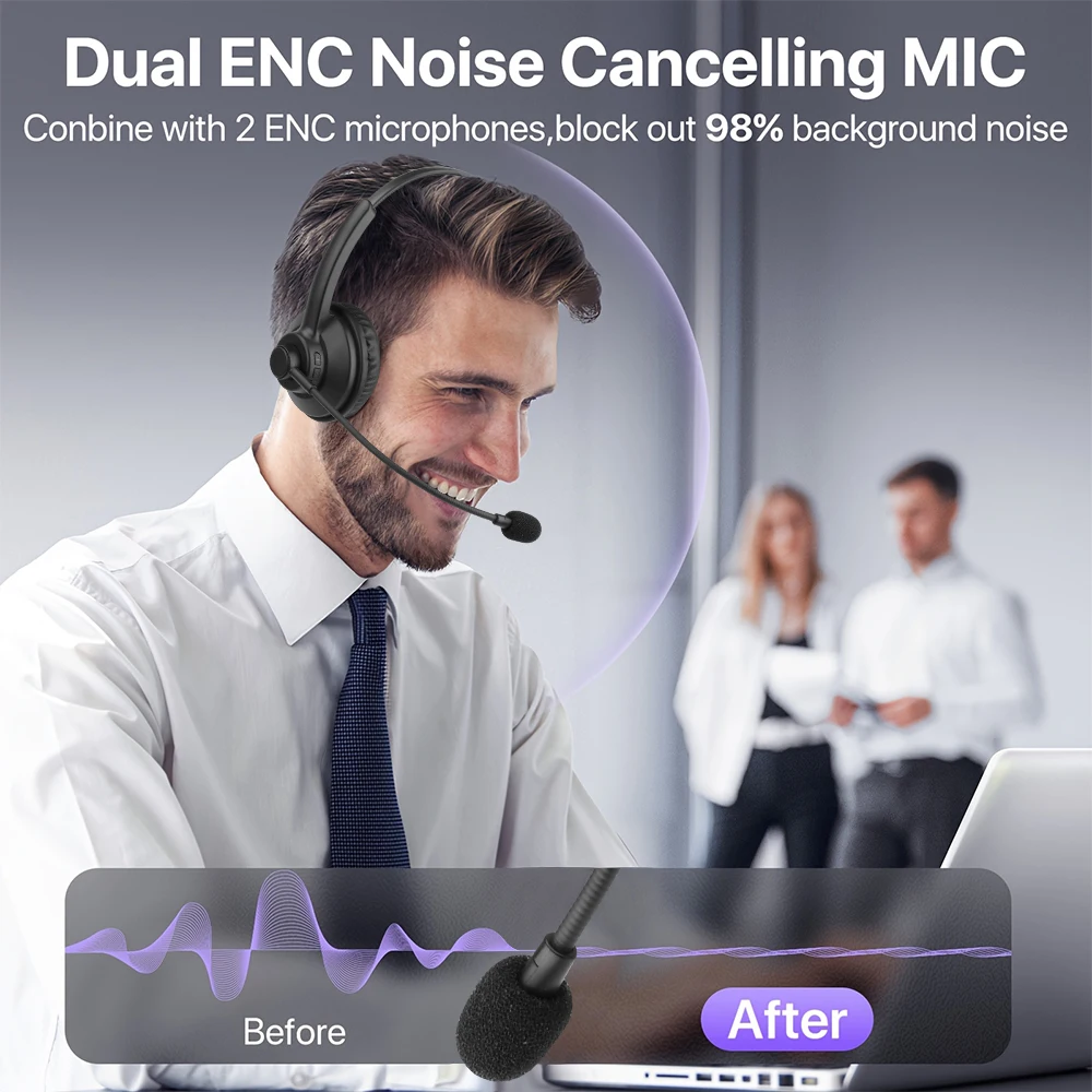 Office Wireless Bluetooth V5.0 Headphone With Microphone Noise Cancelling Truck Driver Headset With 12H Talking Time for Call Ce