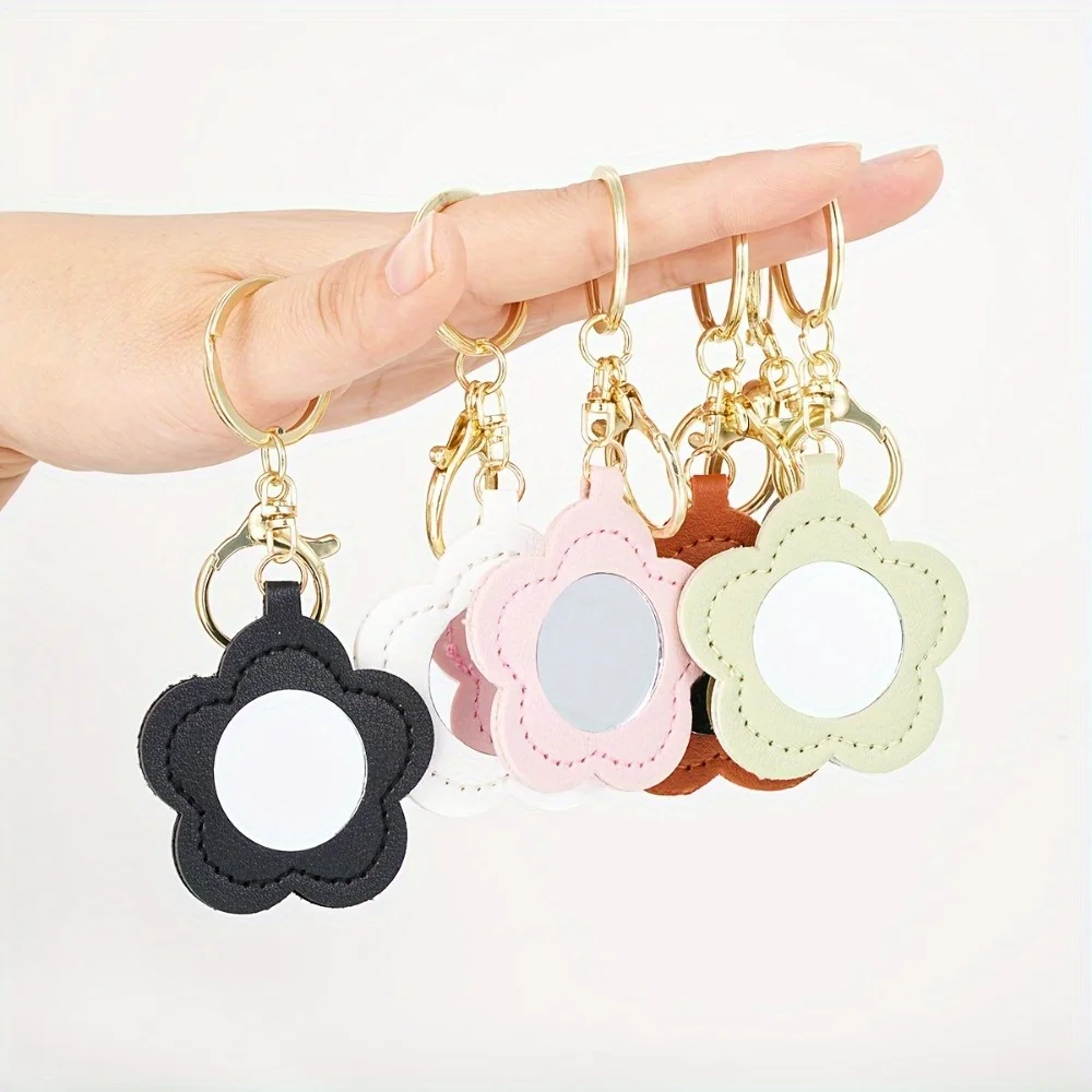 5pcs Floral PU Leather Keychain Mirrors Makeup Accessories Portable Makeup Keychain Accessories Key Chains For Women