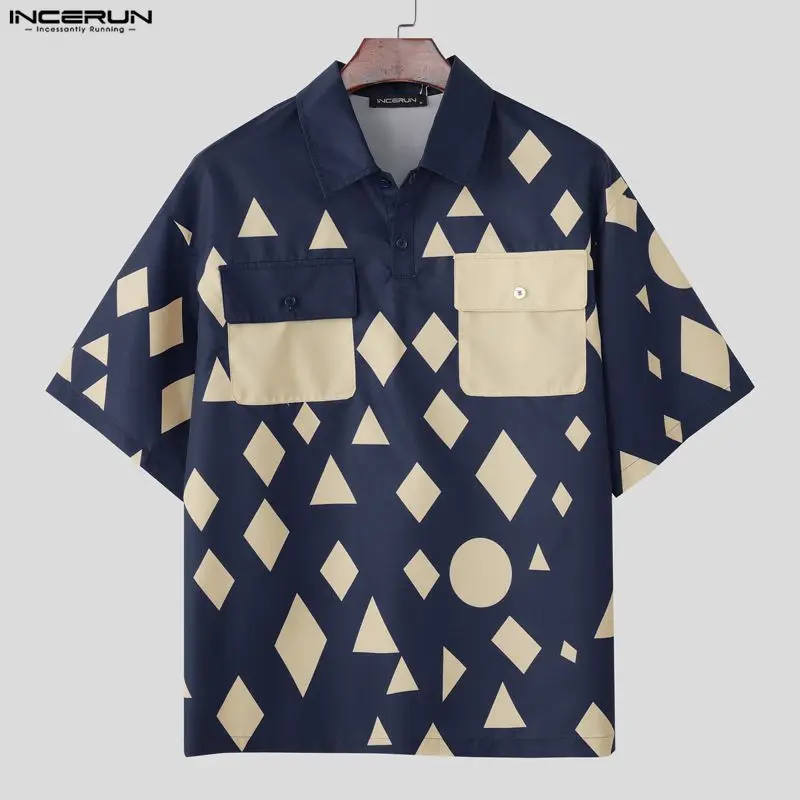 

INCERUN Men Shirt Printing Patchwork Lapel Short Sleeve Loose Men Clothing Streetwear Summer 2026 Korean Style Fashion Male Tops