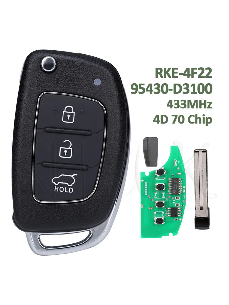 Karta kluczykowa typu flip RKE-4F22 pasuje do Hyundai Tucson 2016 2017 2018 2019 2020 pilot zdalnego sterowania 433MHz chip 4D70 95430-D3100 surowy grot TOY40 3 przyciski — 2