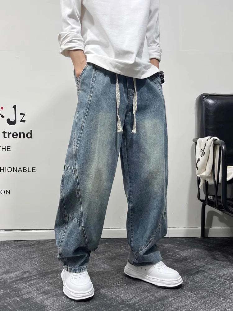 

Large Size 300 Pounds American Retro Denim Jeans Men Summer Trend Loose Wide Leg Pants Cool Wash Straight Long Pants