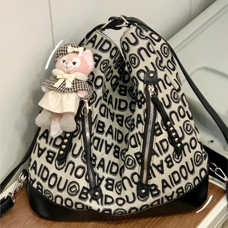 Letter Drawstring Bucket Fashionable Casual Multifunctional Tote Bag Woman Large Capacity Commuter Handbag Ladies Shoulder Bag