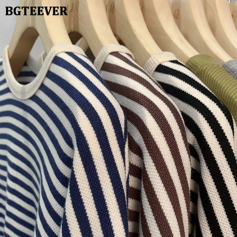 BGTEEVER Casual O-neck Striped Pullovers Women Long Sleeve Loose Spring Autumn Women Sweatshirts Vintage Female Tops