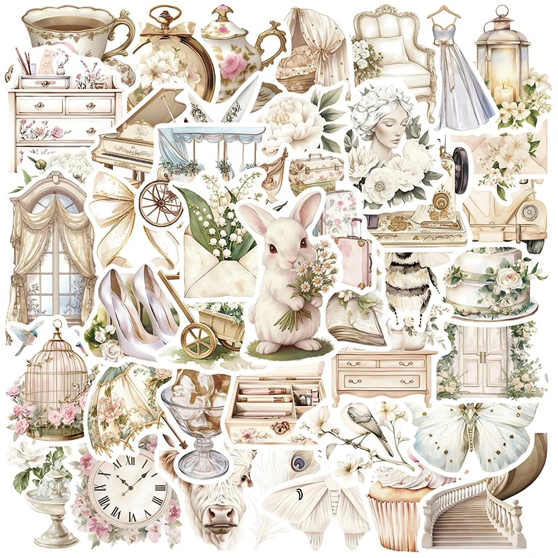 

50PCS Retro White Art Pastoral Life Stickers Aesthetic Decoration Phone Case Skateboard Guitar Creative Decals Kids Toys Gifts