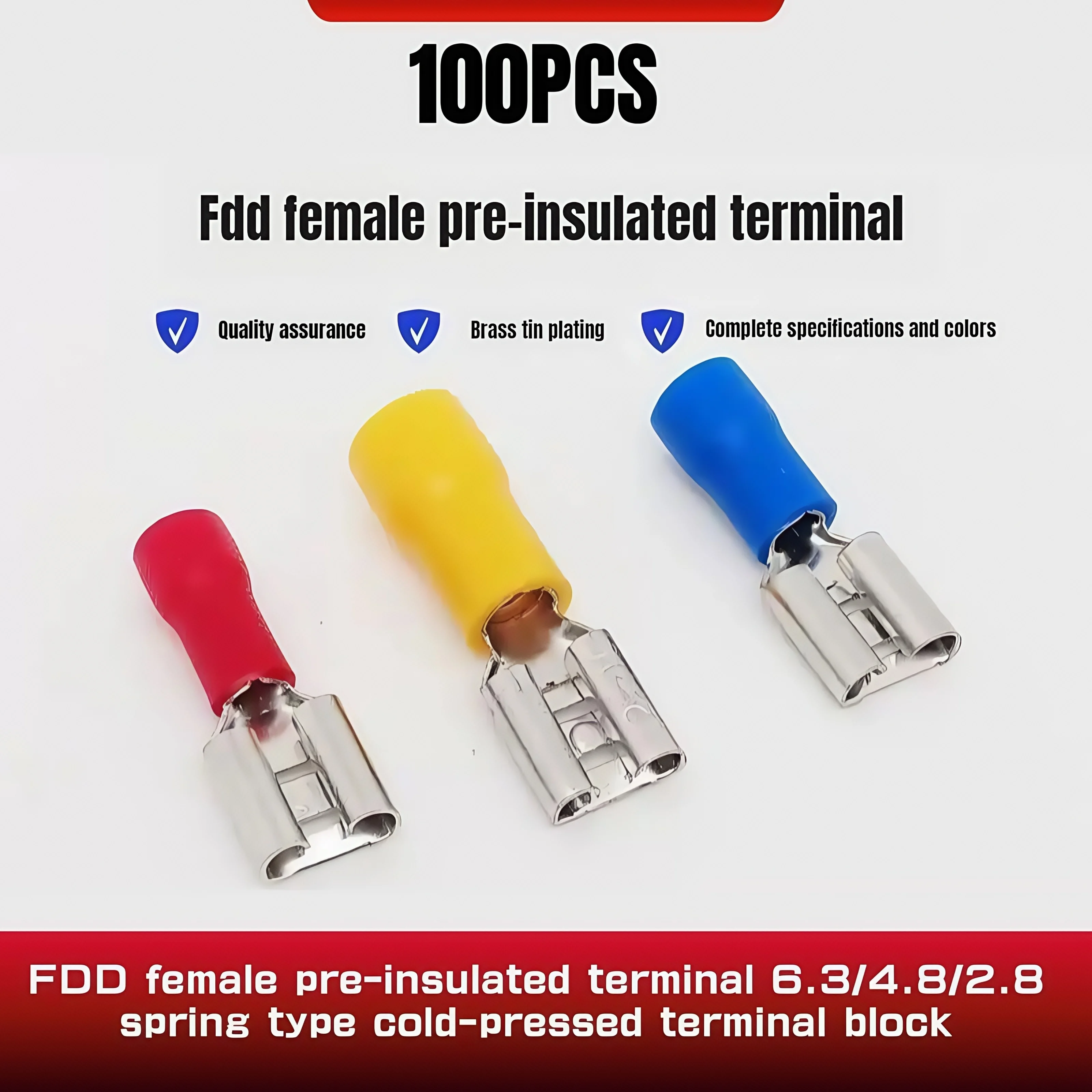 100pcs Female Crimp Terminal 2.8mm 4.8mm 6.3mm Insulated Spade Wire Connector Electrical Wiring Cable Plug Red blue yellow