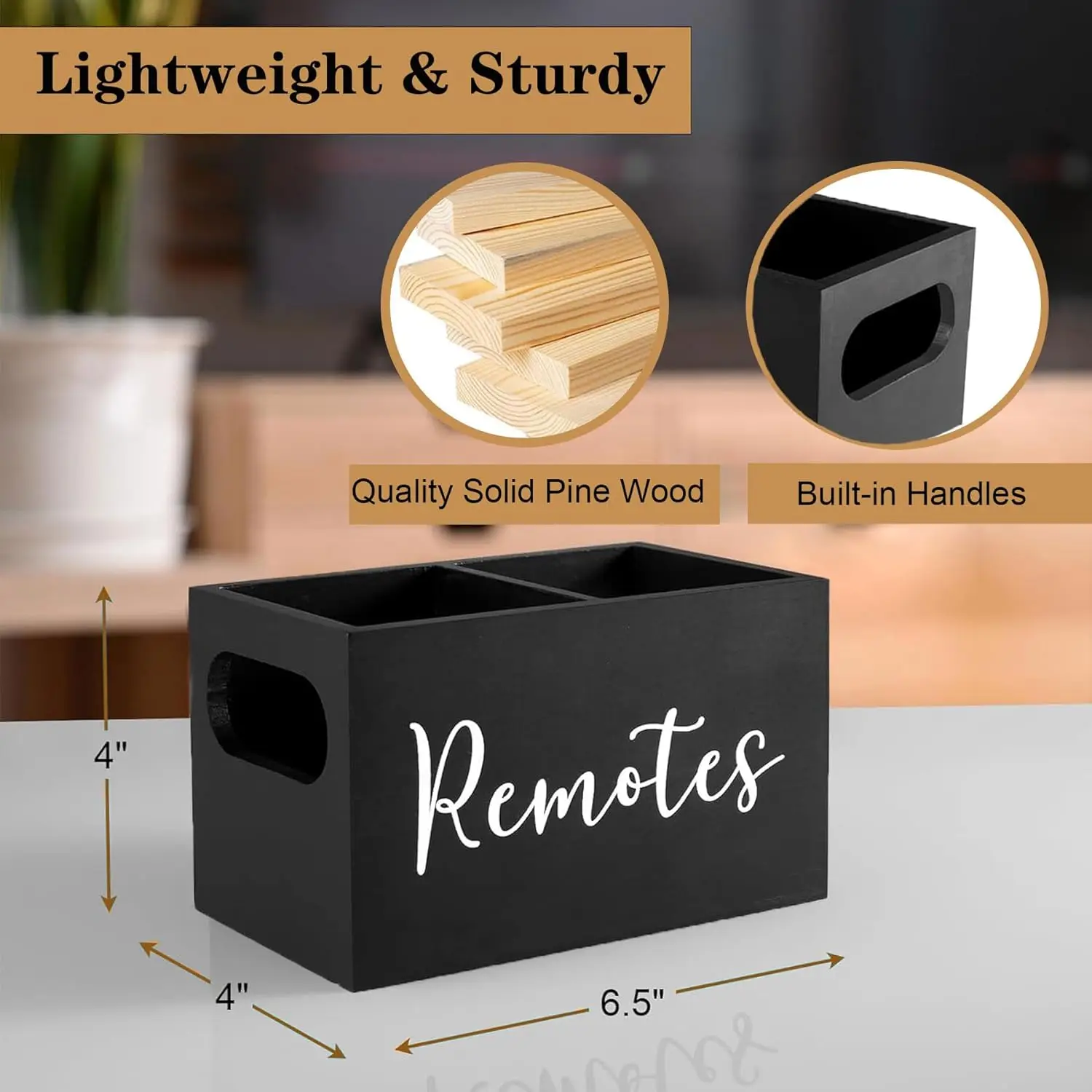 

Wooden TV Remote Holder - Caddy with 2 Compartments, Farmhouse Remote Box for Nightstand, Bedside Caddy Black