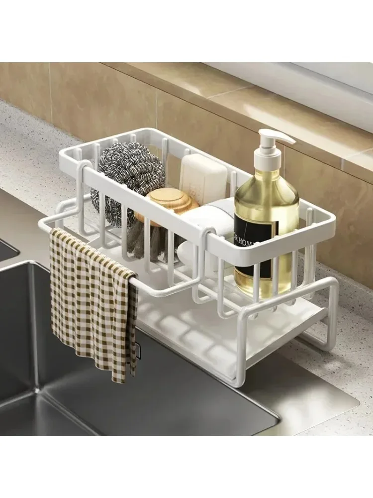 1Pc Multifunctionele Plastic Keukenplank Rag Storage Drainage Plank, Geen-Punch Zelfklevende Kruidenrek, Gootsteen Kraan Afvoerrek met Haken - afbeelding 2
