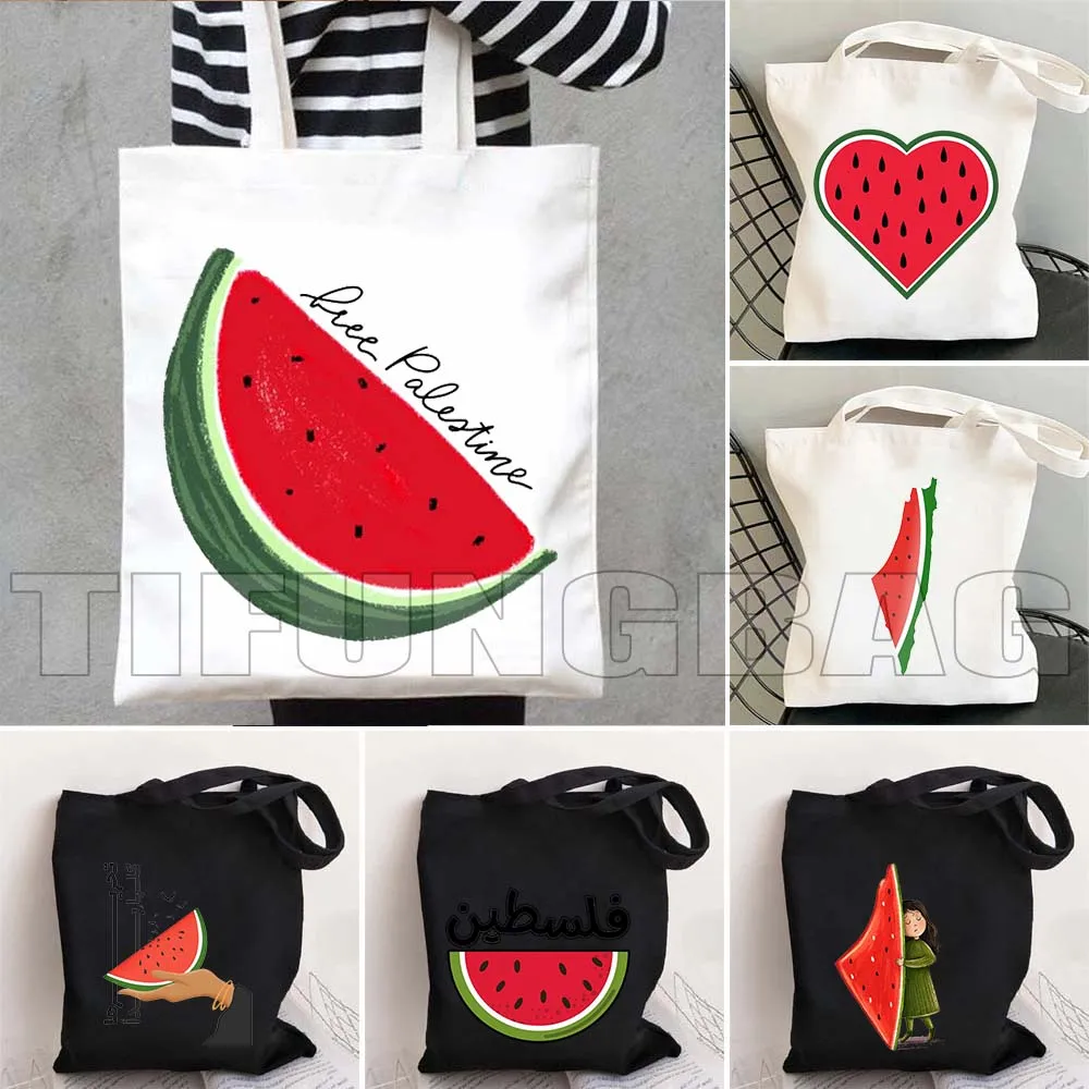 Carino Kawaii Anguria Arte Dipinti a colori Regali arabi Borsa tote in tela Al Aqsa Moschea Spalla in cotone Shopper Eco Borsa a mano