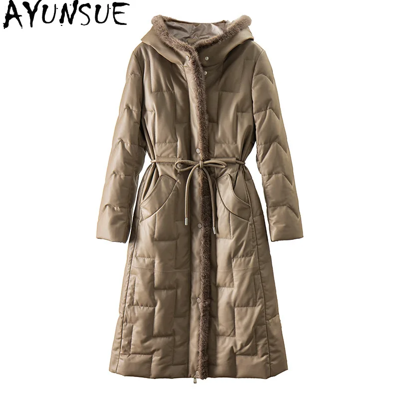 

AYUNSUE 2023 Real Sheepskin Leather Down Jacket Women Winter 90% White Duck Down Coat Slim Hooded Long Parkas Mink Fur Collar