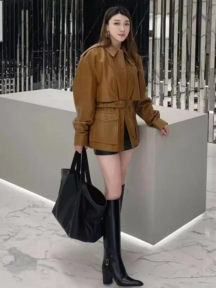 Fashion Echtes Leder Frauen Jacke Einreiher Epaulet Gürtel Retro Motorrad Oberbekleidung Echt Schaffell Mid Lange Party Mantel