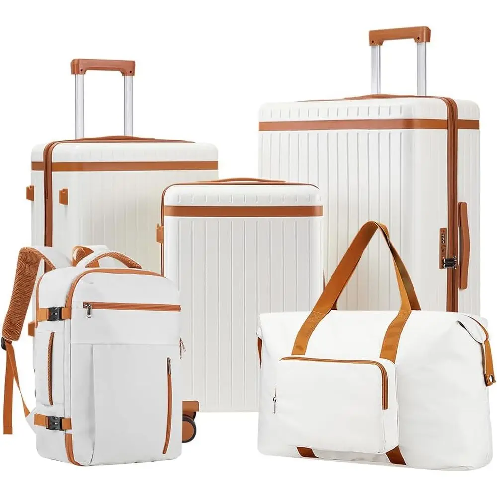 

5-Piece Hardshell Luggage Set with Backpack, Durable Spinner Suitcases, TSA Lock, White-Brown