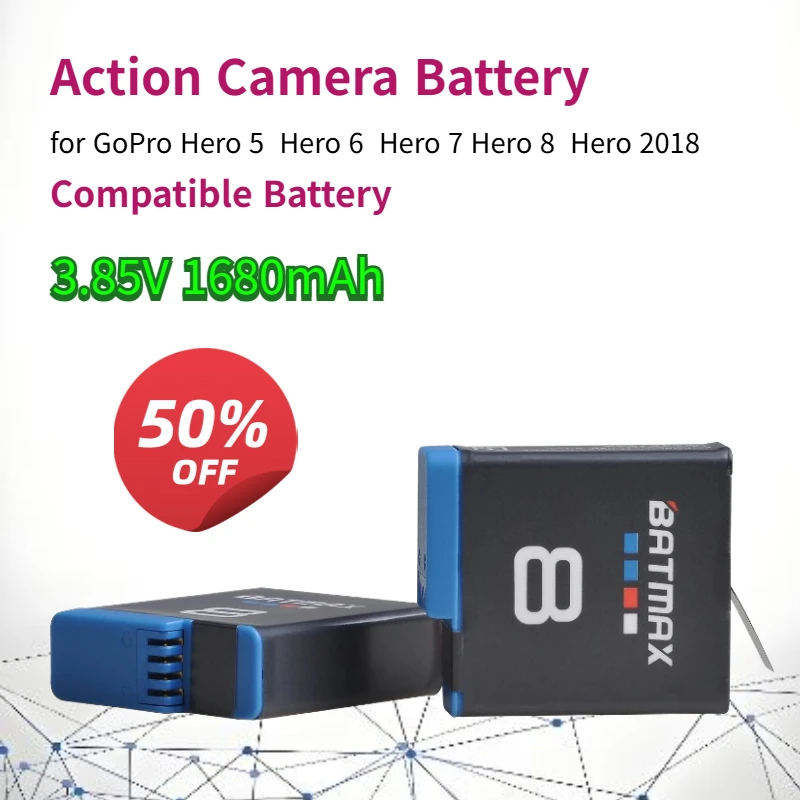 3.85V 1680mAh  Action Cameras Compatible Battery for GoPro Hero 8 7 6 5 Rechargeable Lithium Battery