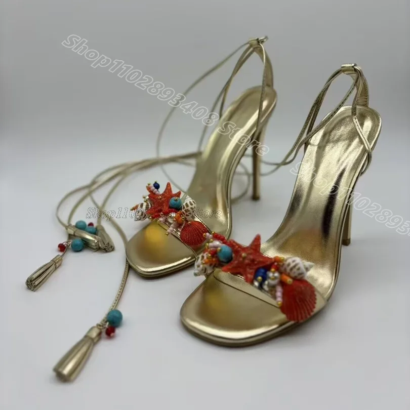 

Mixed Shell Decor Ankle Strap Sandals Open Toe Elegant Summer Women Fashion Dress Party Stiletto Sandals Zapatos Para Mujere