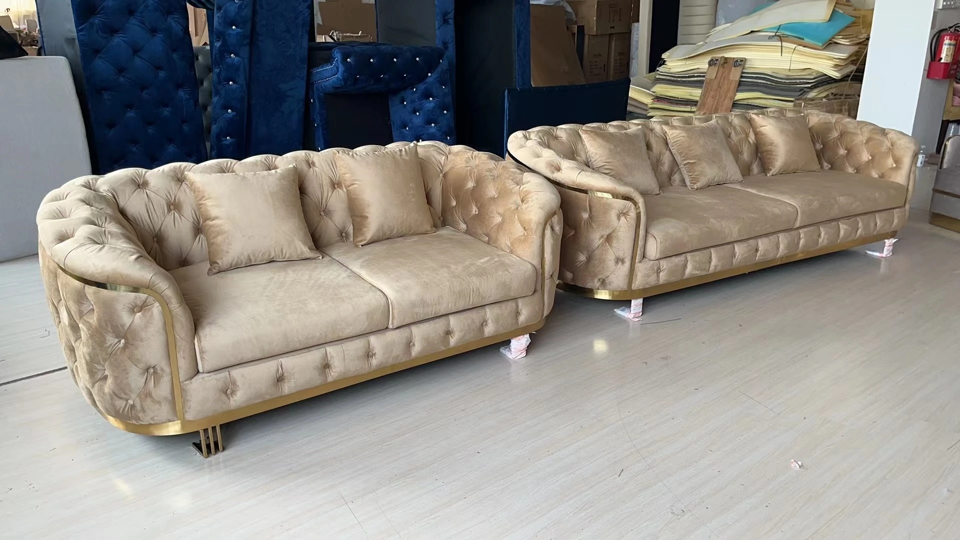 Luxury Modular Fabric Sofa Set Home Hotel Stainless Steel Velvet Button Tufted Upholstered Couch Sectional Living Room Sofas - view 6