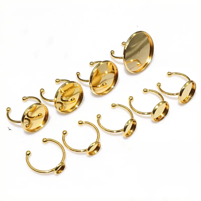 6 8 10 12 14 16 18 20mm Stainless Steel Gold Plated Adjustable Ring Settings Blank Base Fit 6-20mm Glass Cabochon Buttons Bezels