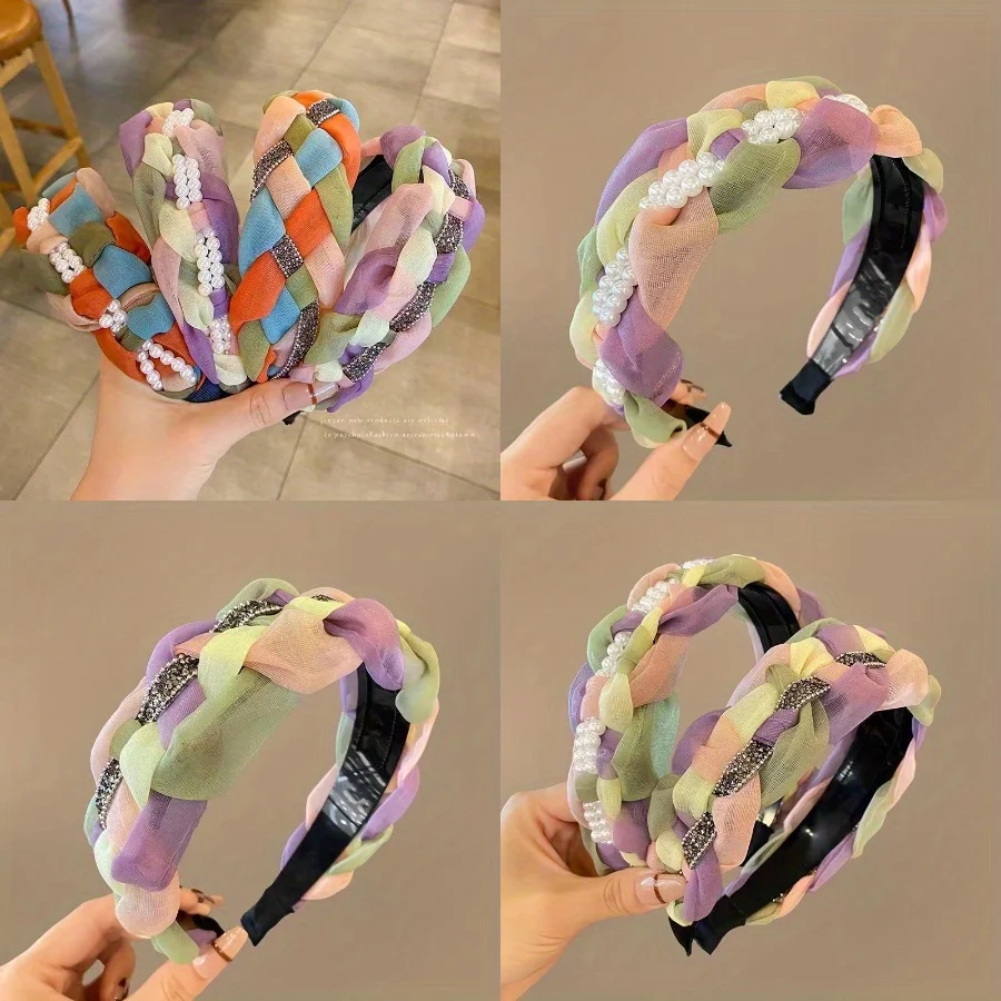 Pérola trançada bandana elegante cor design antiderrapante para mulheres meninas diariamente ao ar livre casa acessórios de cabelo headwear