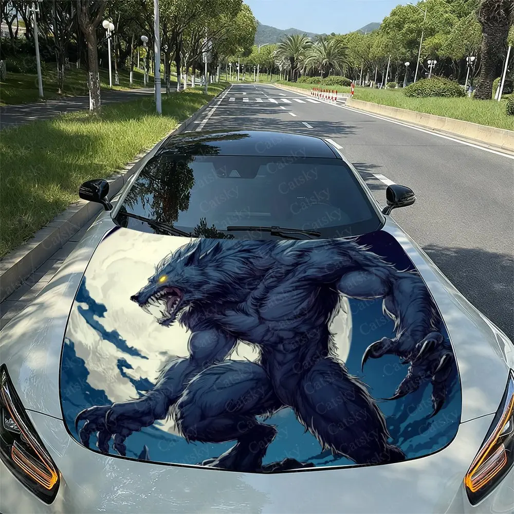 Werewolf Under The Moonlight Car Vinyl Wrap - Waterproof PVC Self-Adhesive Scratch-Resistant Sticker For Engine Cover
