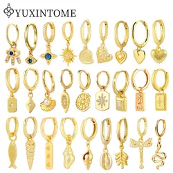 YUXINTOME 925 Silver Ear Needle Zircon Hoop gold Earrings For Women Square Plate Pendant Cutout Heart Earrings Fashion Jewelry