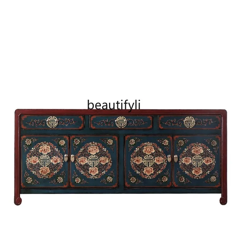 

New Chinese style antique furniture solid wood painted living room partition foyer hand painted retro decorative side cabinet