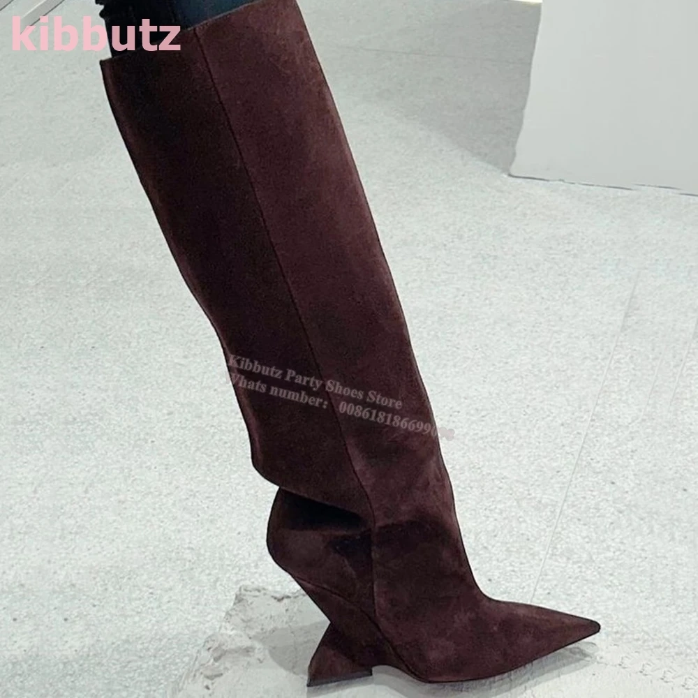 

Suede Boots Knee High Strange Heel Solid Color Genuine Leather Pointy Slip-On Fashion Party Dress Women Shoes Luxury Elegant New