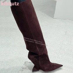 Suede Boots Knee High Strange Heel Solid Color Genuine Leather Pointy Slip-On Fashion Party Dress Women Shoes Luxury Elegant New