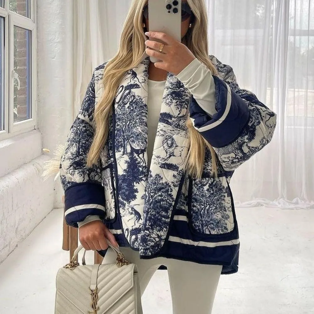 

Vintage Print Floral Cotton Coat Quilted Jacket Women Long Sleeve Pocket Streetwear Cardigan Autumn Winter Outerwear Short Tops