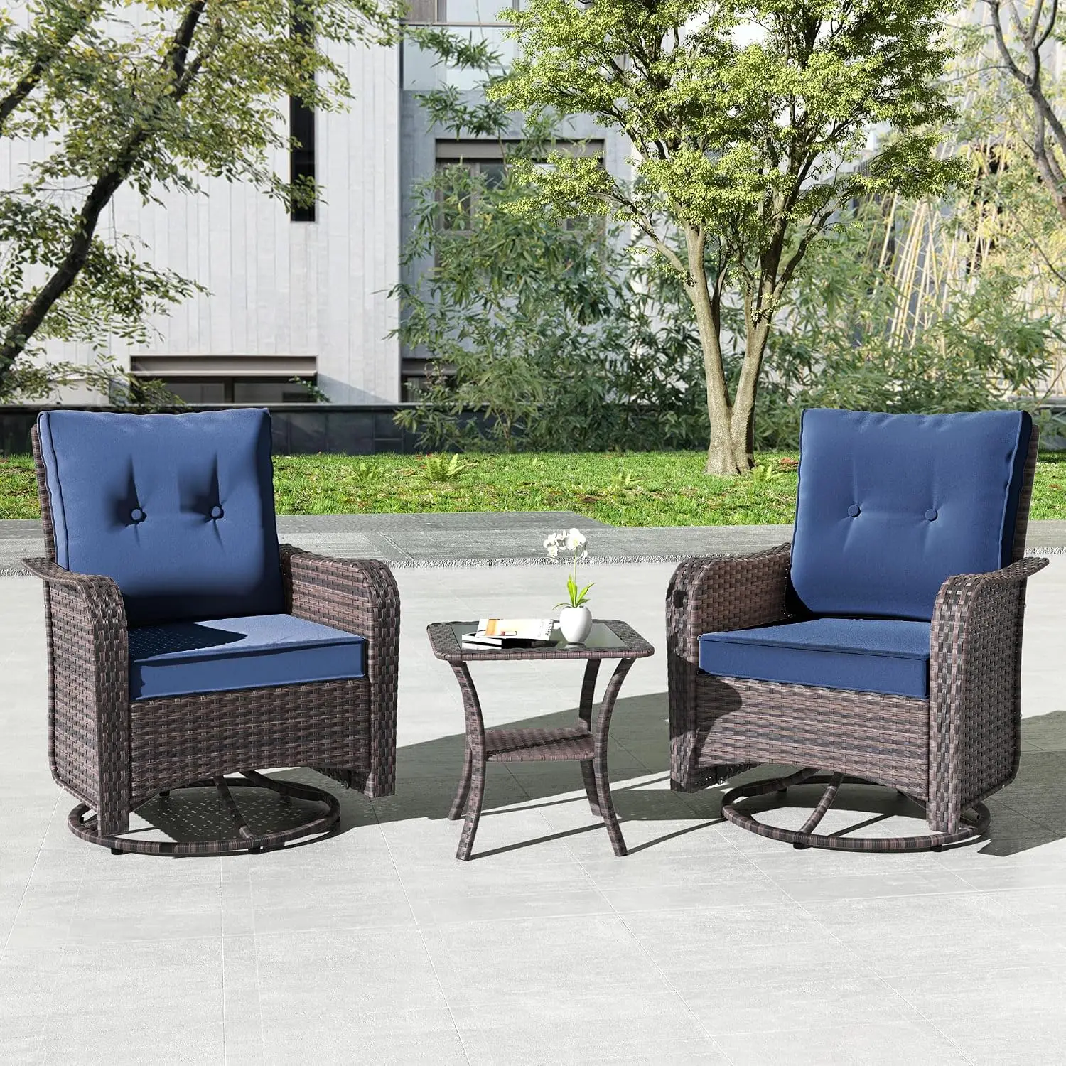 3-Piece Outdoor Swivel Rocker Patio Chair Set with Wicker Side Table, Customized