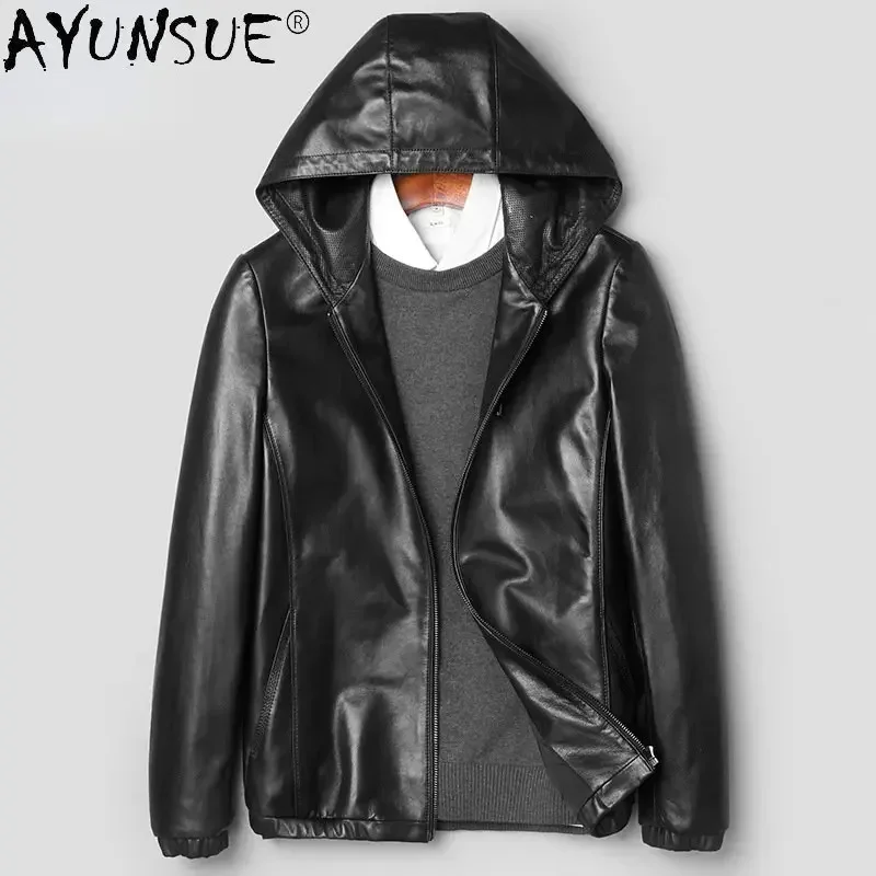 Autumn New Genuine Leather Jacket Men Pure Sheepskin Coat Male Korean Fashion Short Hooded Jackets Men's Jaqueta Masculina