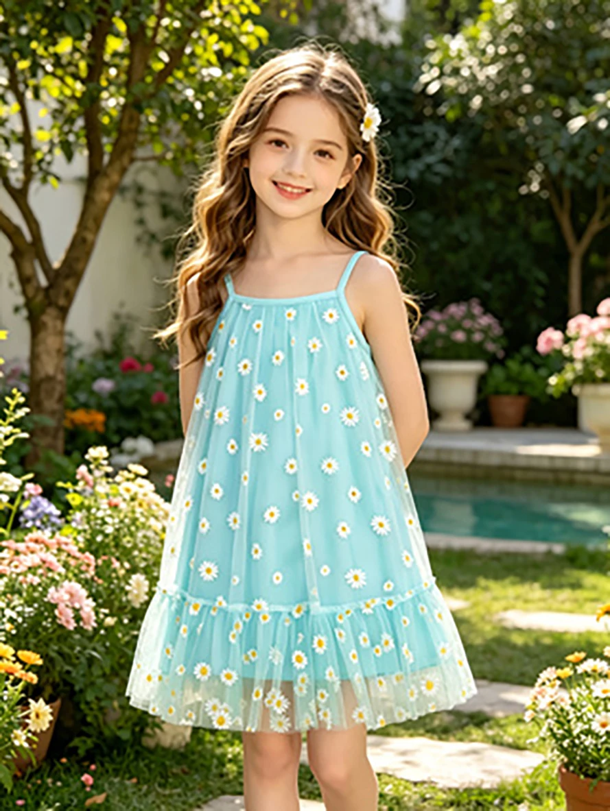 Blaues & grünes Gänseblümchen-Trägerkleid für kleine Mädchen, Sommer-Tüll-Prinzessinnenkleid, Kinder-Blumen-Tutu-Kleid – Detail 5
