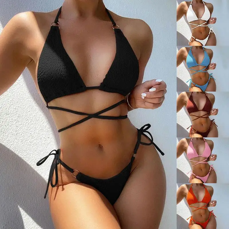 

2023 Fashion Bikini Sexy Split Tied Rope Swimsuit Solid Color Bikini Thong Two-piece Women's Beachwear