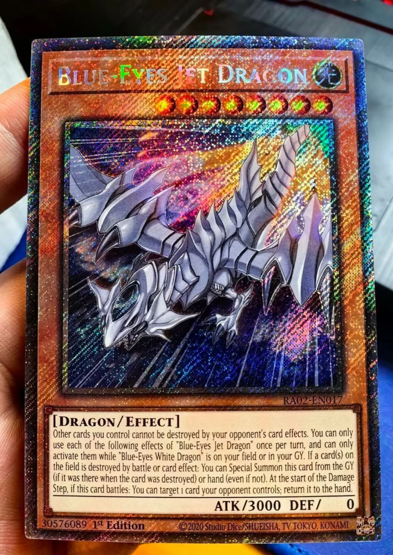 

Yugioh KONAMI Duel Monsters TCG RA02-EN017 Blue-Eyes Jet Dragon Platinum Secret Rare English 1st Edition Collection Mint Card