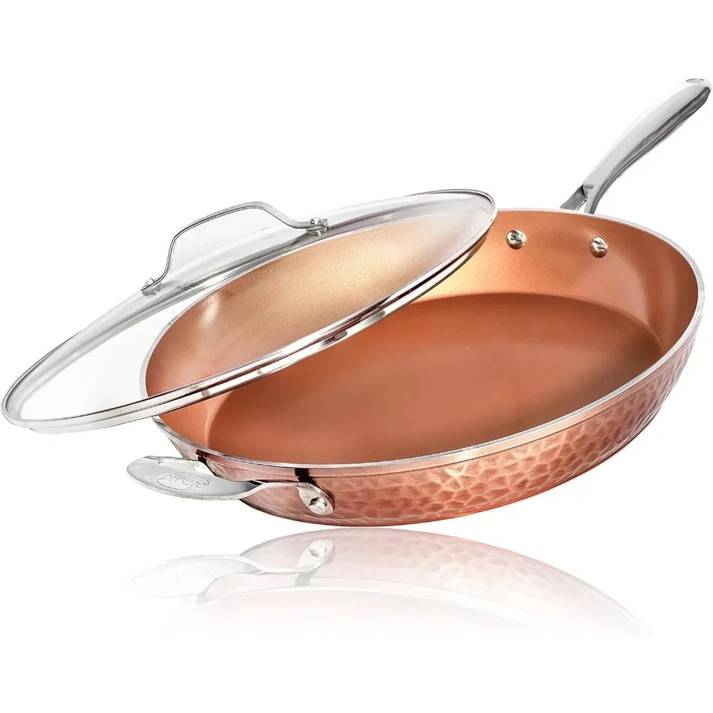 

Hammered Copper 14 Inch Non Stick Frying Pan with Lid, Nonstick Frying Pan with Ceramic Coating and Induction Plate