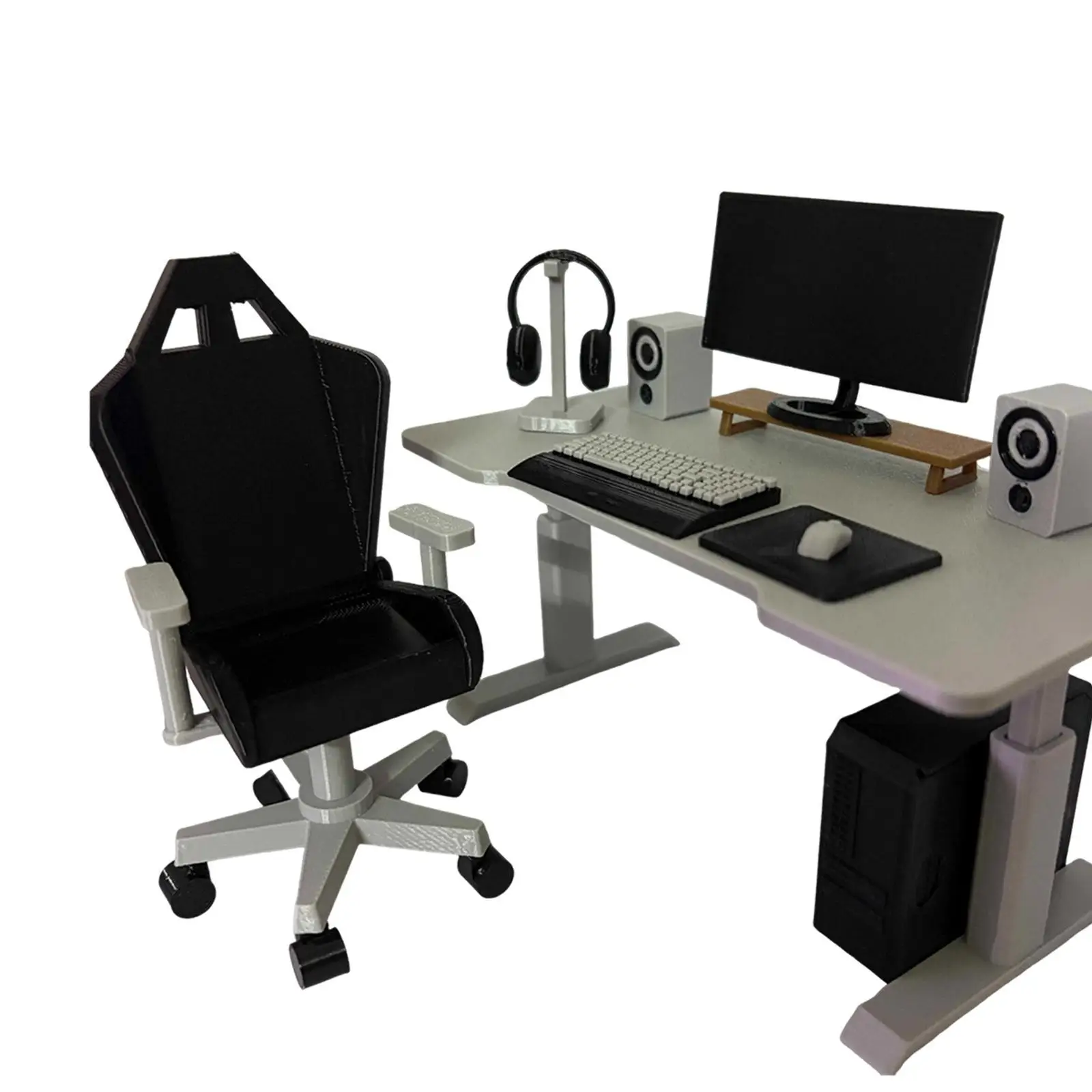 Miniature Office Furniture Compact Collection Creative Mini Gaming Chair Model with Keyboard Headphone Speaker Layout Decoration