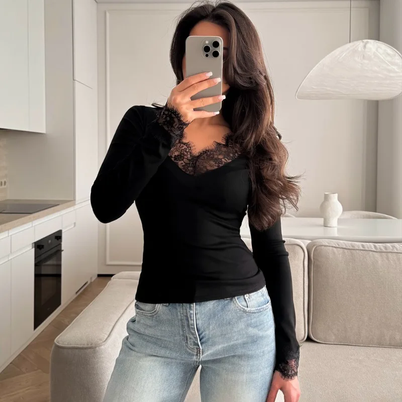 

Talenza White Lace T-Shirts Fashion New Lace V-Neck Patchwork Slim Long-Sleeved Tops Spring Autumn Chic Casual Women's T-Shirts