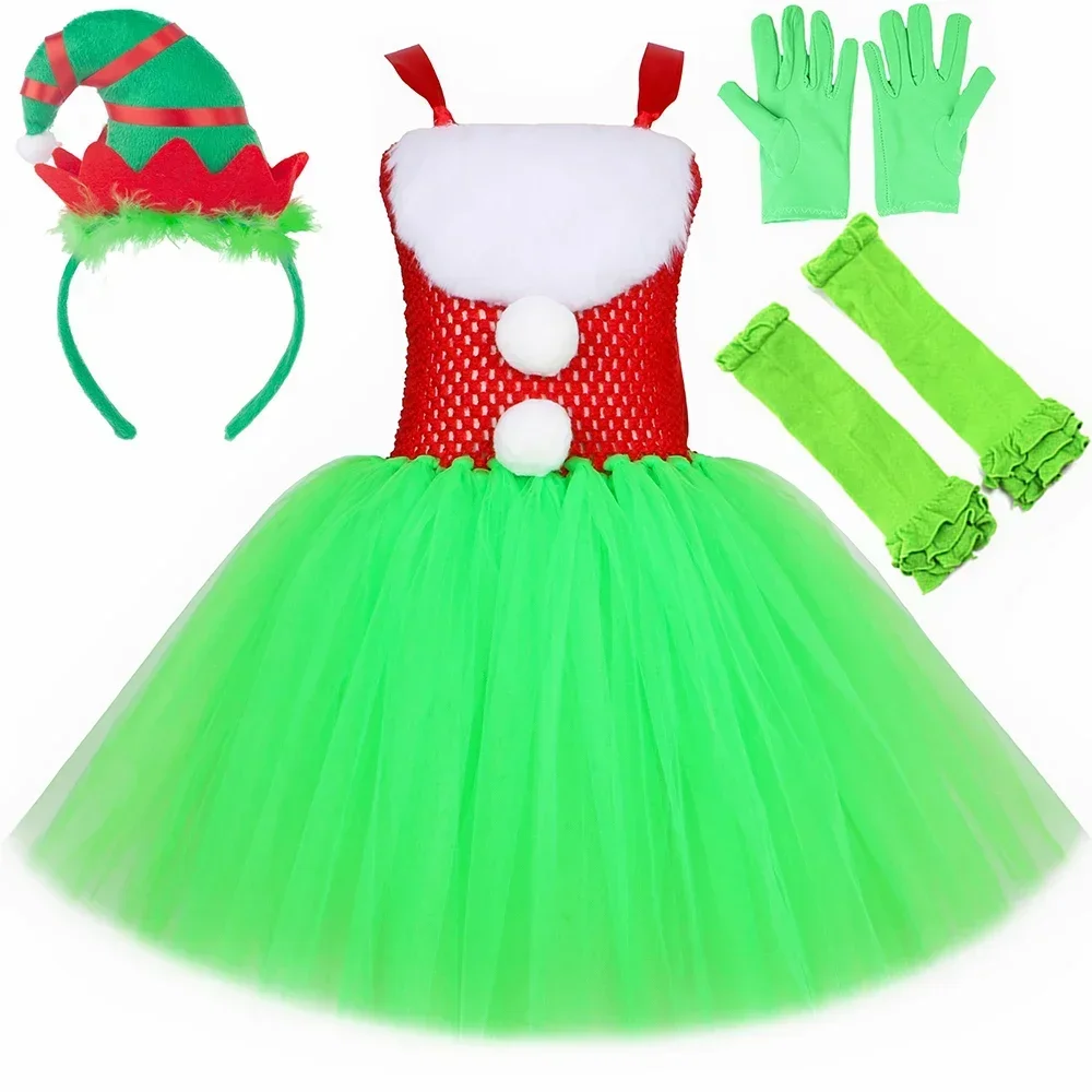 Grinch Costume Kids Christmas Santa Claus Tutu Dress Set Green Furry Monster Costumes Girls Toddler Halloween Xmas Party Clothes