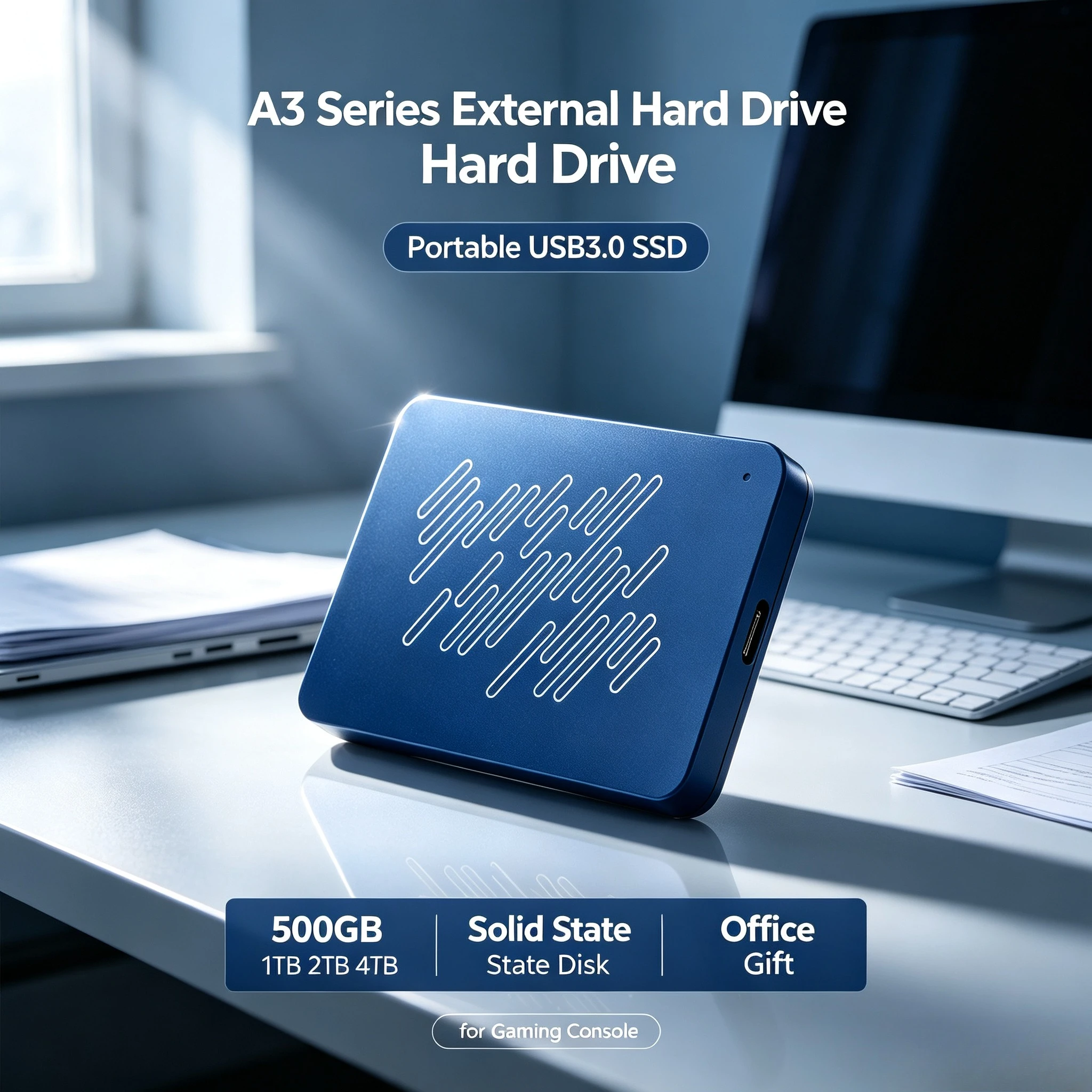 A3 Series  Portable USB3.0 SSD External Hard Drive, 500GB 1TB 2TB 4TB Black Solid State Disk for Gaming Console & Office Gift