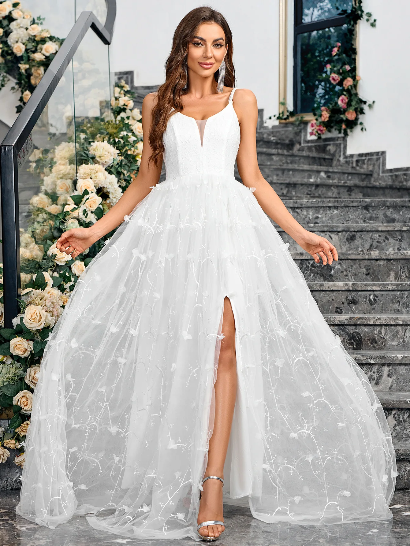 Suspensórios de renda sem costas para mulheres, design sexy com gola V, vestido branco elegante, vestido vintage, jardim, casamento, festa romântica