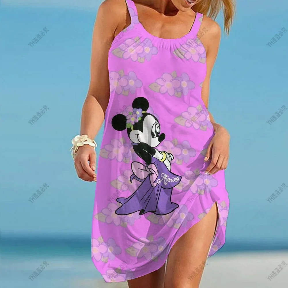 Summer Disney Minnie Mickey Mouse Women Sexy Beach Dresses 3D Tie Dye Rainbow Suspenders Vintage Beachwear Fashion Party Dress