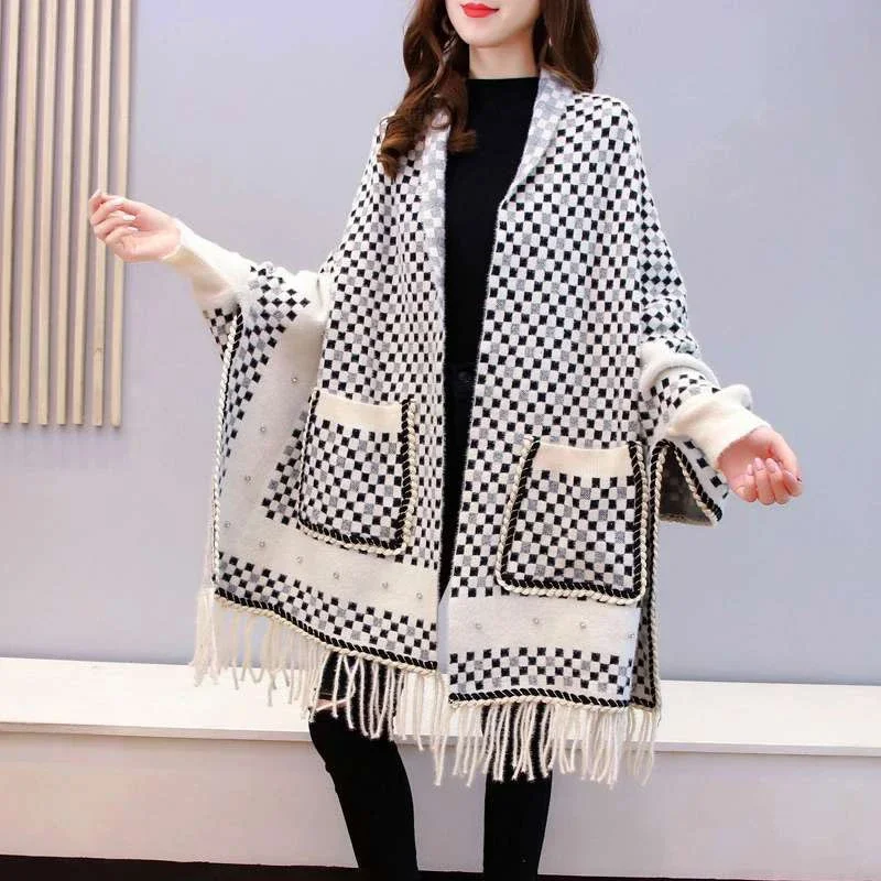 New Popular Winter Women Pearl Soft mink velvet Plaid Shawl With Sleeves Knit Exquisite Pocket Warm Sweater Tassel Poncho Cape