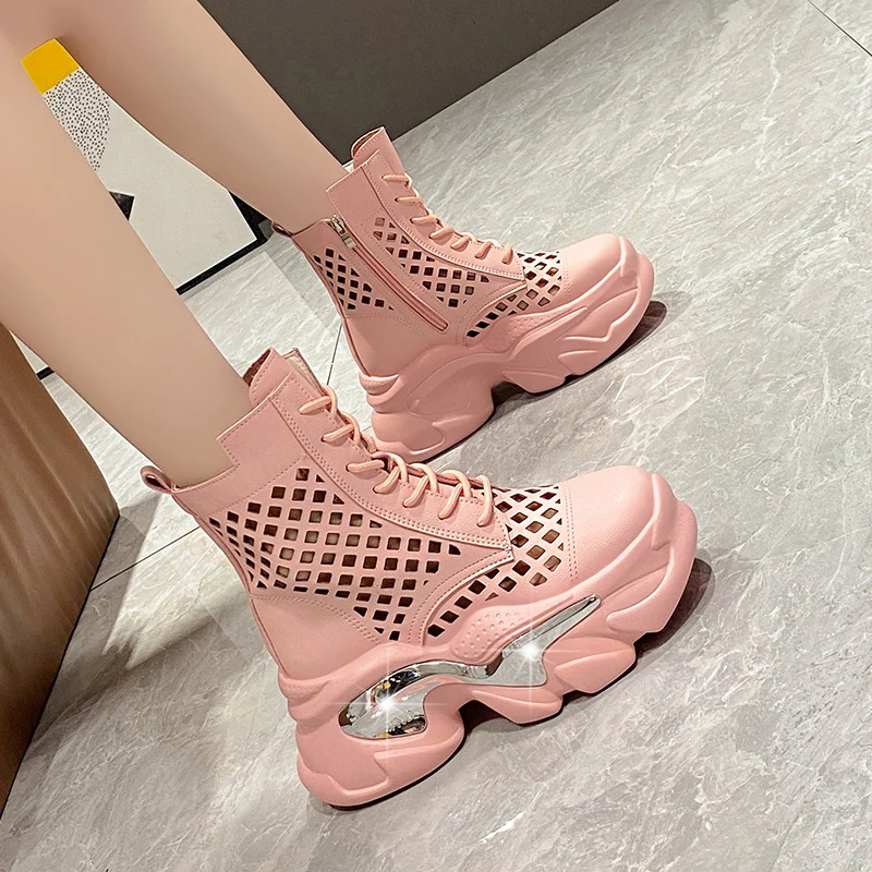 Women Summer Grid Boots 2023 Breathable Leather Sneakers High Platform Hollow Ankle Boots For Woman Lace-up Outdoor Chunky Shoes