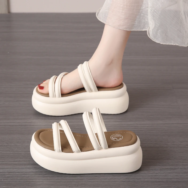 Vrouwen 7.5Cm Hoge Platform Sandalen Wig Holle Muilezels Schoenen Casual Chunky Gladiator Sandalen Vrouw Zomer Lederen Strand Slippers