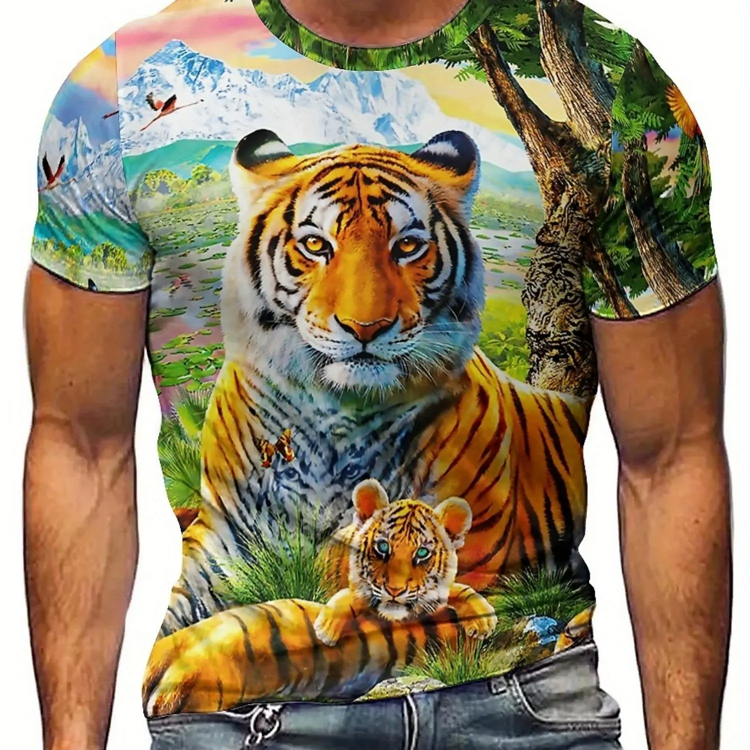 2025 الصيف أحدث الرجال النمر نمط ثلاثية الأبعاد طباعة تي شيرتات قصيرة الاكمام ألياف البوليستر لينة ومريحة النسيج الرجال والنساء