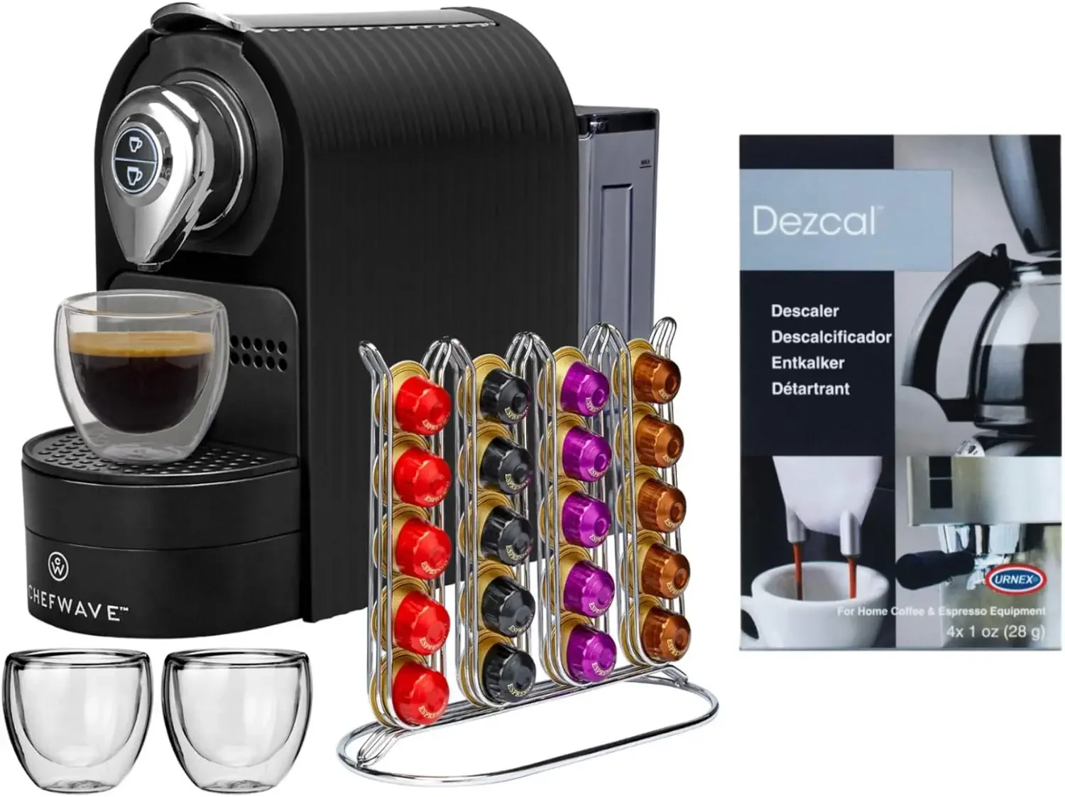 

Espresso Machine Compatible with Nespresso Coffee Capsules (Black), Pod Holder, Cups and Descaling Powder Bundle (2 Items)