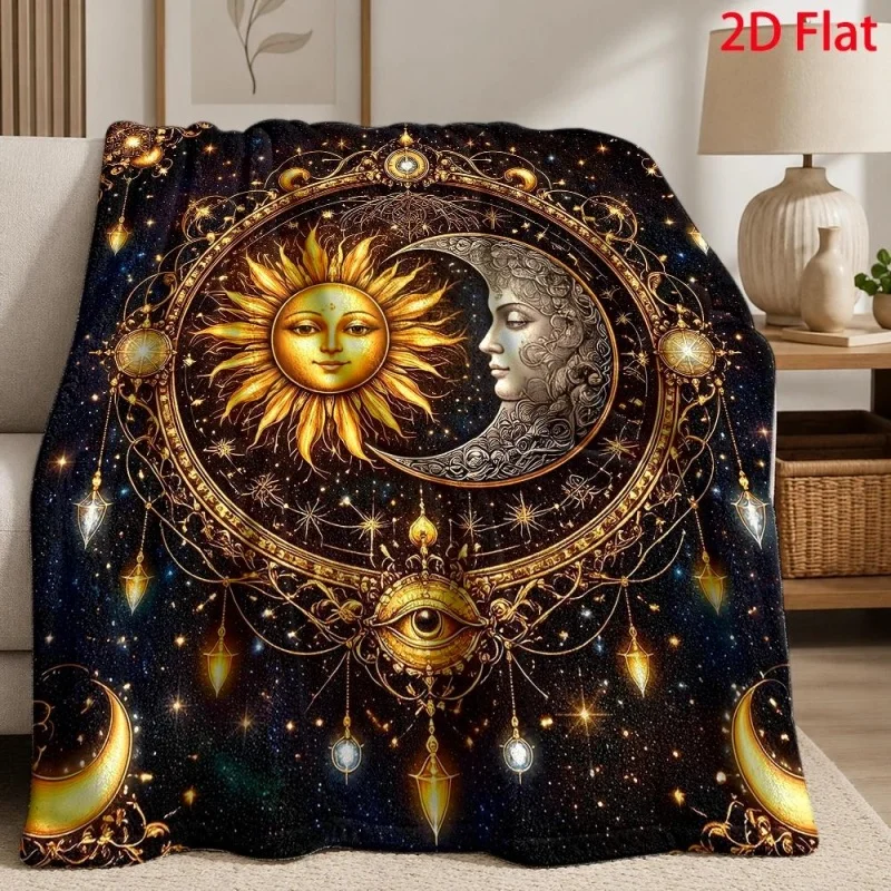 Boho Sun Moon Face Floral Flannel Throw Blanket,Vintage Celestial Star Ornate Frame Flower Print Plush Blanket