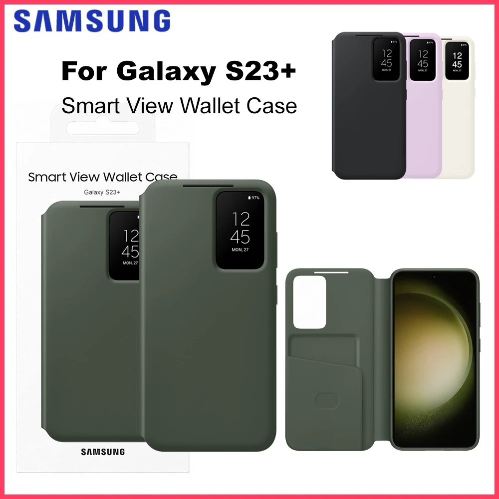 Funda tipo billetera Original para Samsung Galaxy S23 + S-View S23Plus, billetera con vista inteligente, ranura para tarjeta para teléfono inteligente, cubierta para ventana de visualización EF-ZS916
