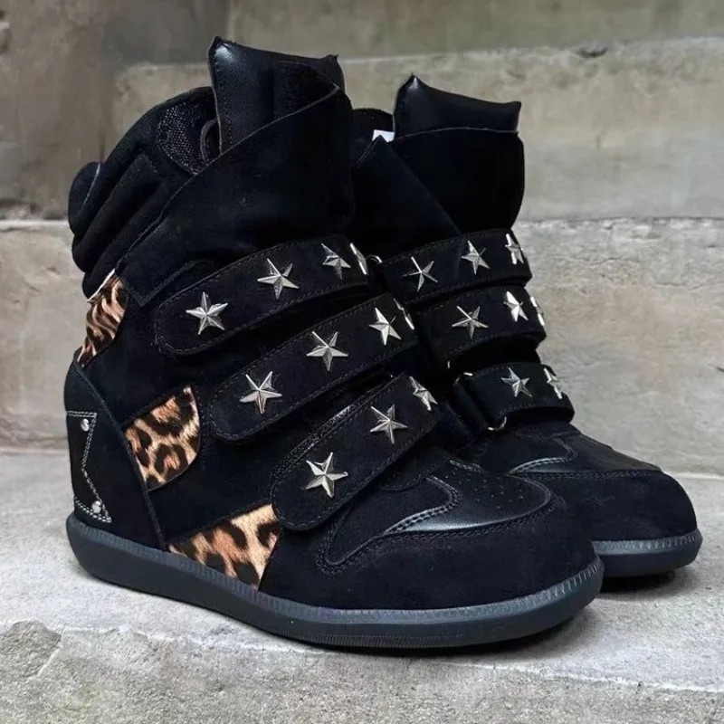 Leopard Leisure Sneakers Fall/Winter New Round Toe Spliced Inside Heightening Booties