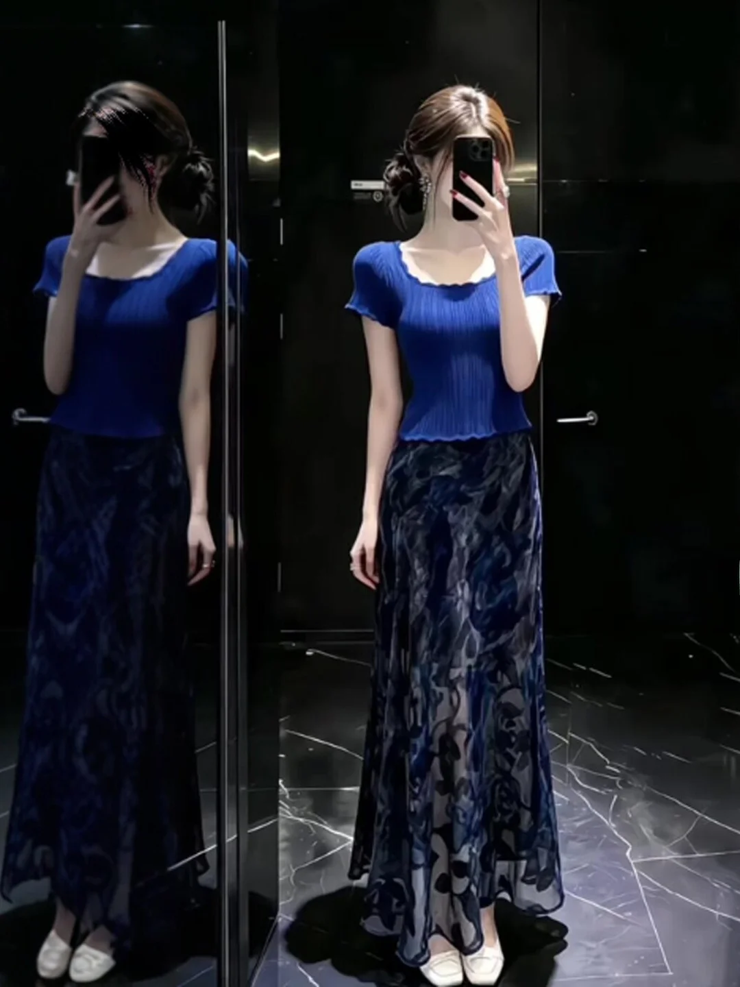 

Retro Unique Fashionable Half Skirt Top Set Elegant Complete Outfit OOTD Summer 2026 Cotton Short Sleeve V-Neck Comfortable Fit